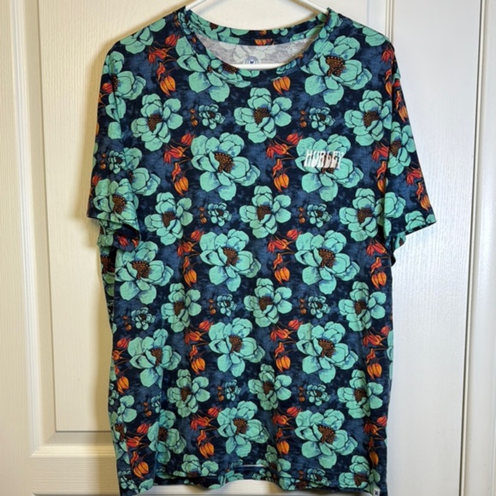 Hurley Surf Co. Blue Turquoise Tropical Graphic S/S Shirt Size Large EUC #2592